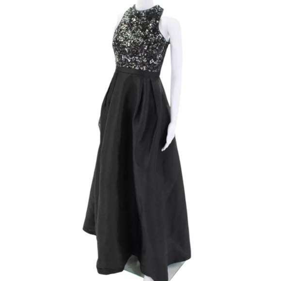 Monique Lhullier Jadore Formal Maxi Dress 0 Black Silver Sequin Open Back Gown - Picture 3 of 13